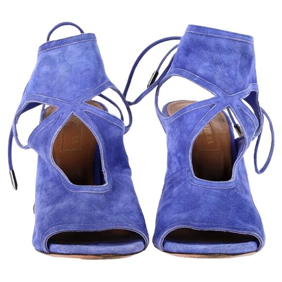 Aquazzura Sexy Thing Cutout Sandal Heels in Blue Suede